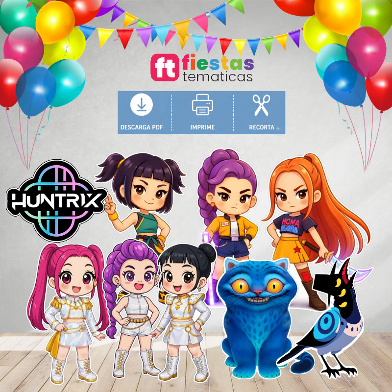 Haz que tus eventos destaquen con nuestras siluetas recortables Tamaño de 1m Las guerreras K-pop. Este listado incluye archivos digitales de alta calidad, diseñados específicamente para que puedas crear tus propios accesorios y decoraciones de fiesta a tamaño real —ideales tanto para centros de mesa como para lucir en el suelo junto a la mesa principal— sin necesidad de usar plóters de corte complicados como Cameo ni pagar costosas gigantografías.